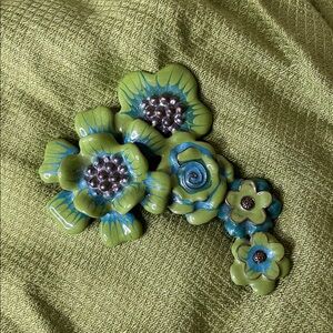Vintage Enamel Pin. Lime Green with Accents of Teal and Gold.